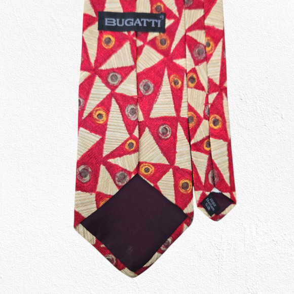 90s Vintage Bugatti Red Bold Geometric Luxury Designer Italian Silk Neck Tie - Picture 6 of 6